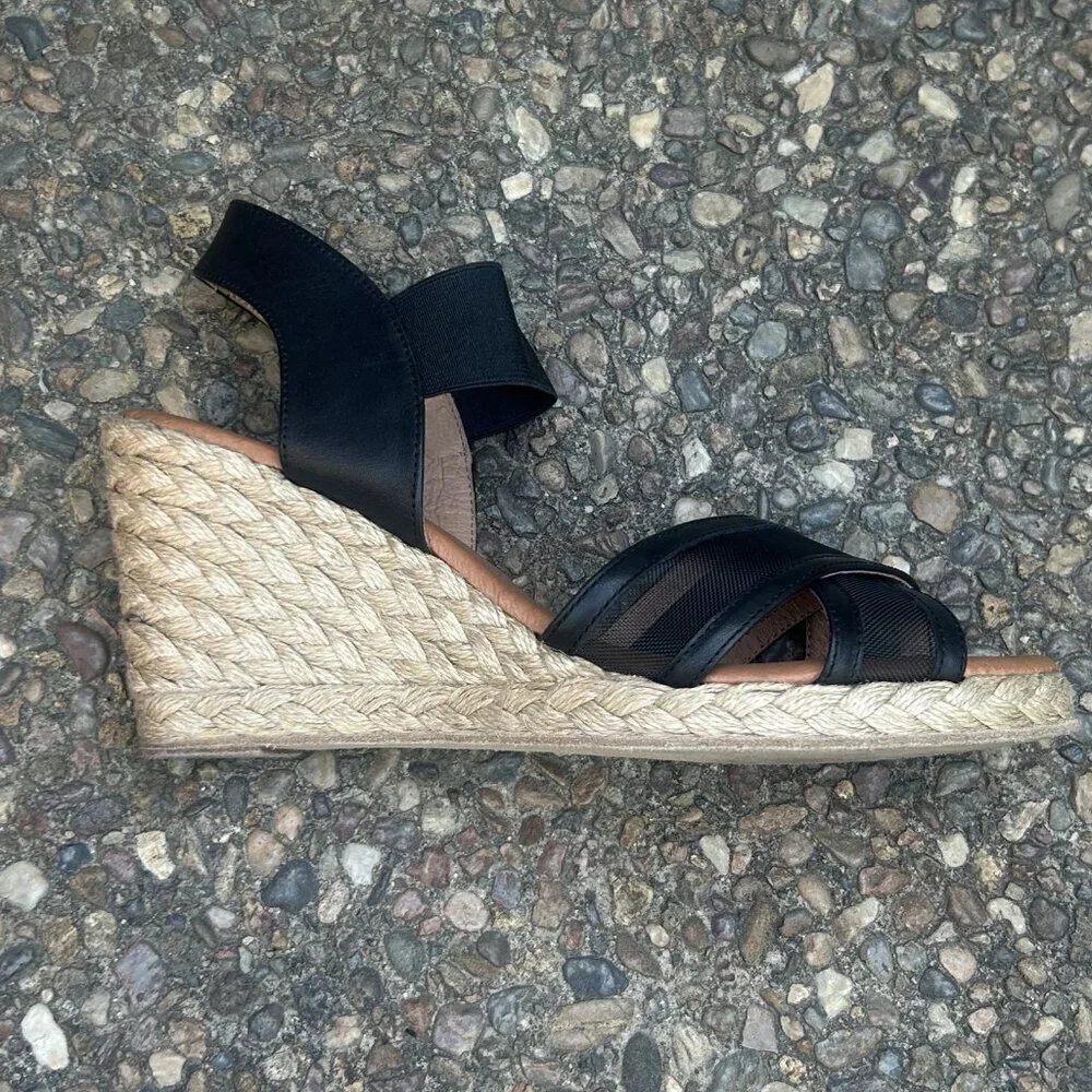 Andre Assoue Black Stretch Mesh Wedge Espadrille Sandals Size 37